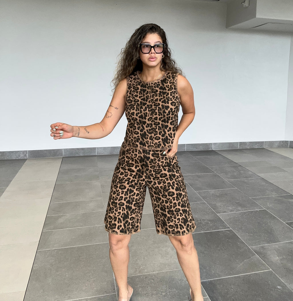 LEOPARD DENIM BERMUDA SET