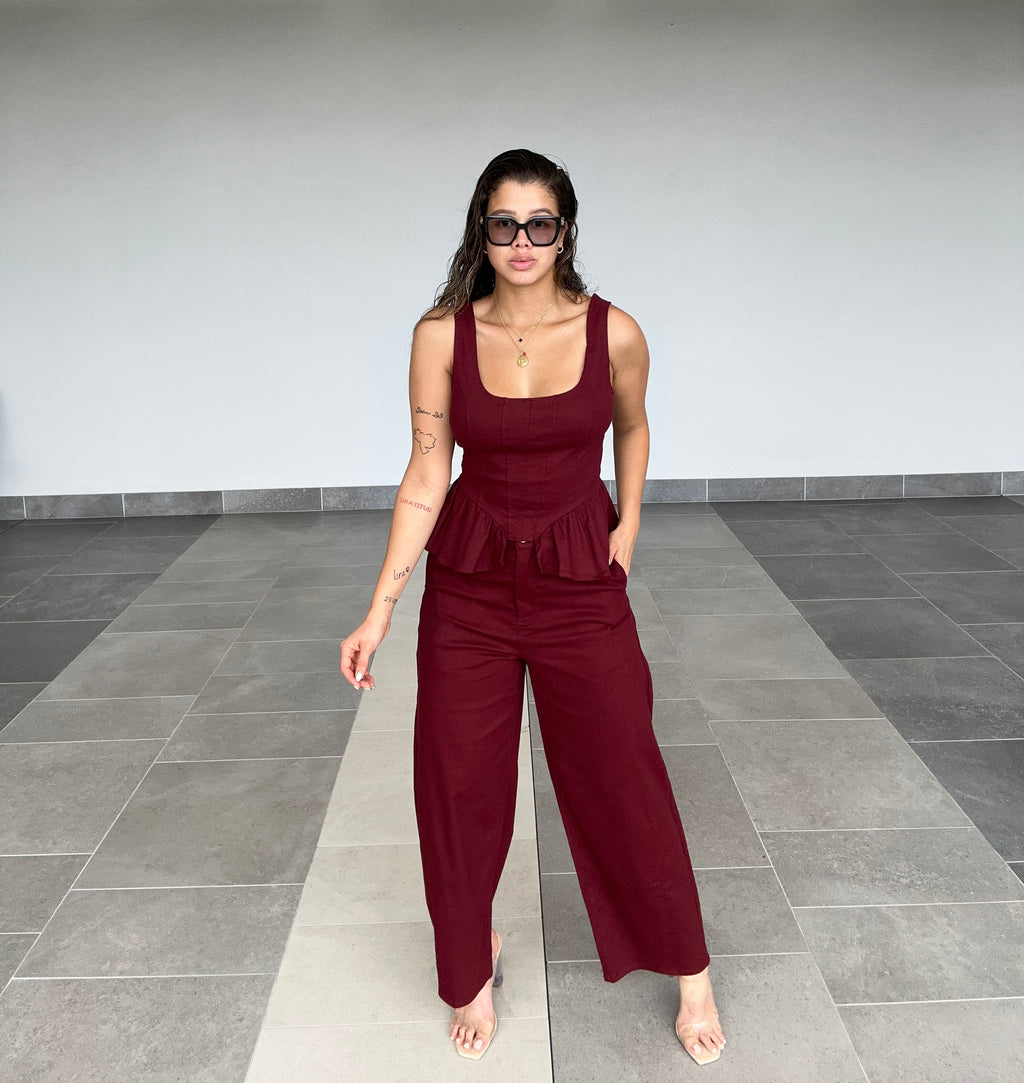 BURGUNDY PEPLUM DENIM SET