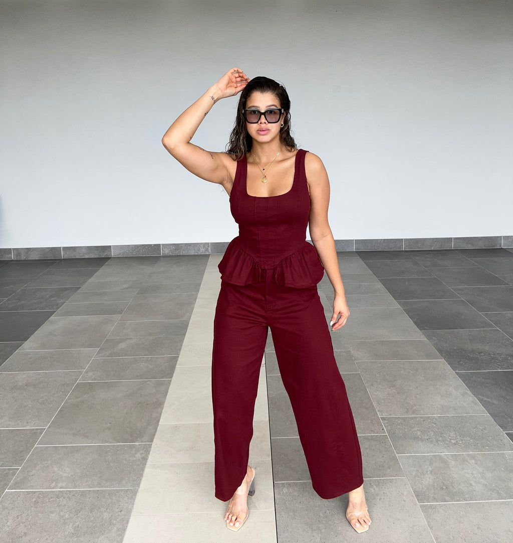 BURGUNDY PEPLUM DENIM SET