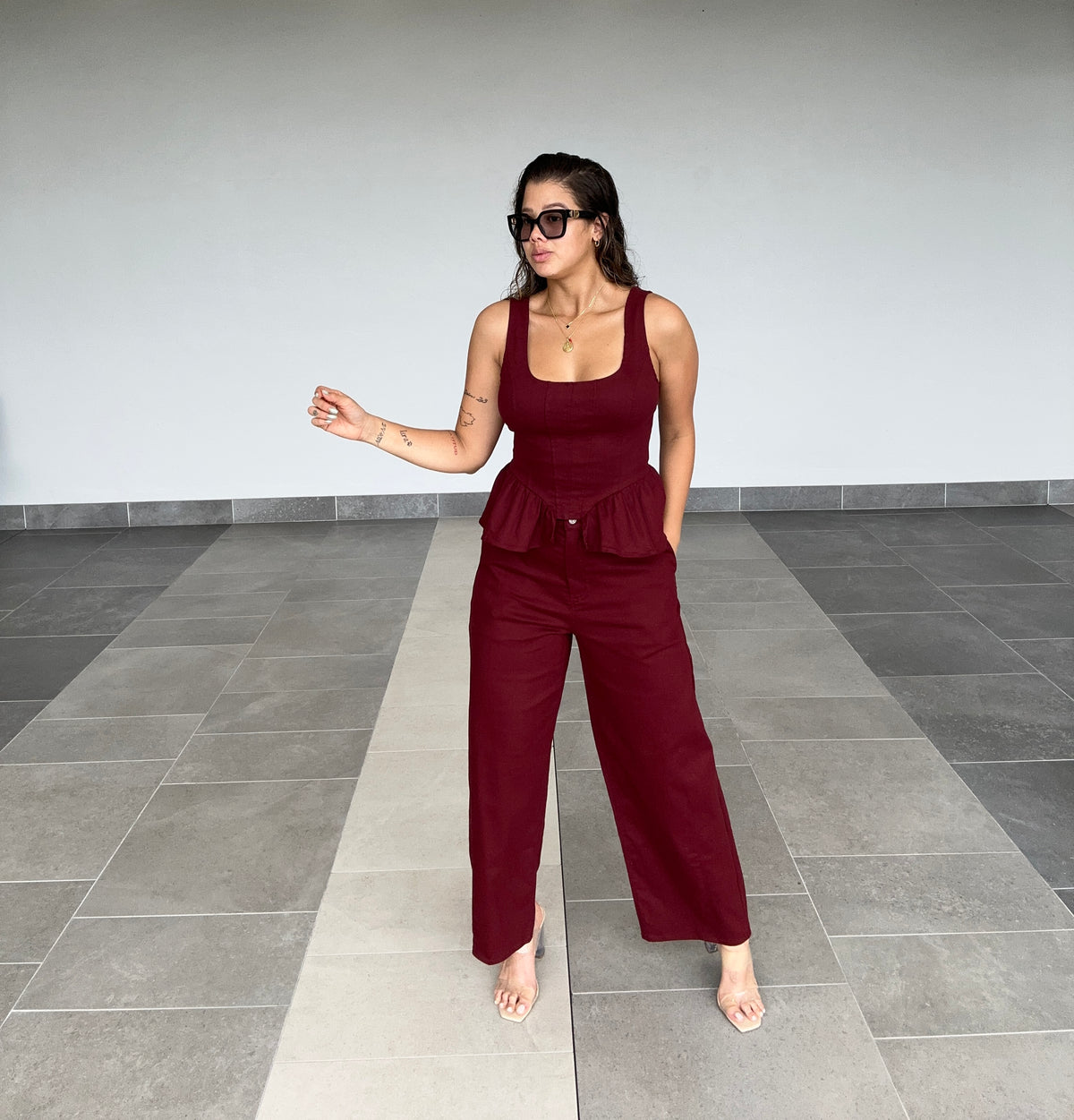 BURGUNDY PEPLUM DENIM SET