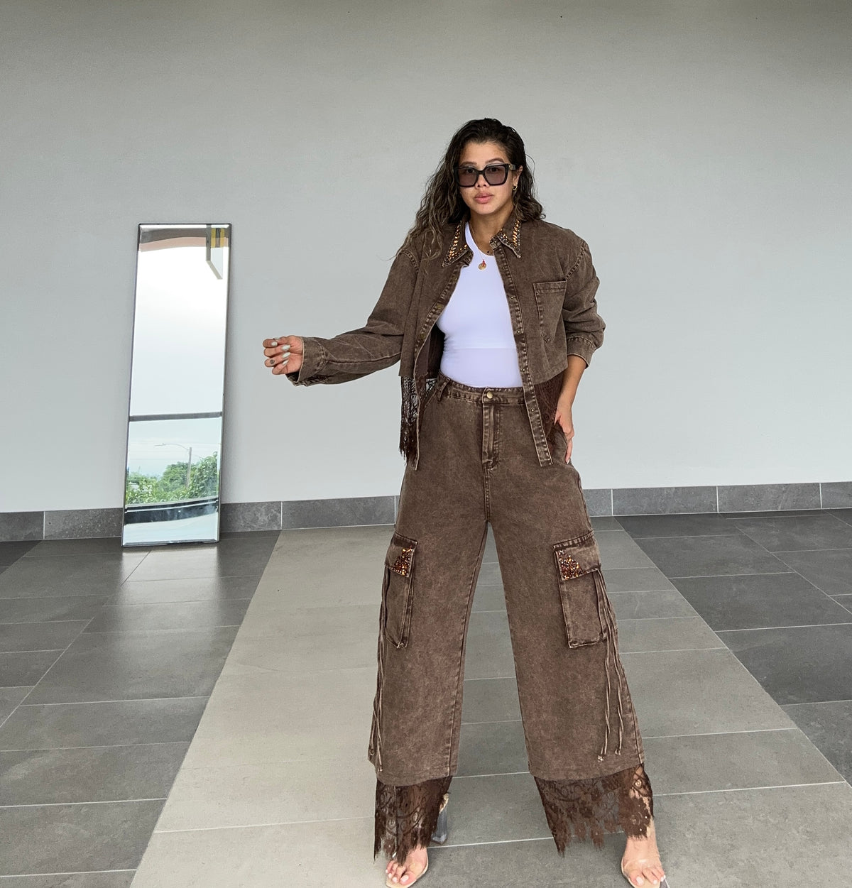 MOCHA LACE DENIM SET